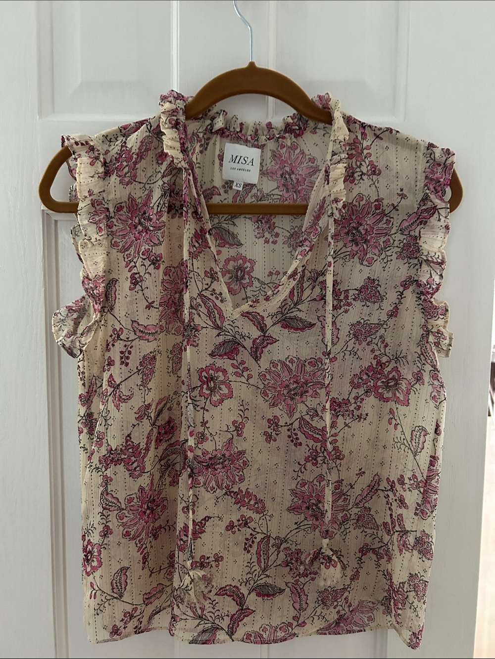 Misa Los Angeles Cream Sleeveless Floral Ruffle Tie-Neck Top